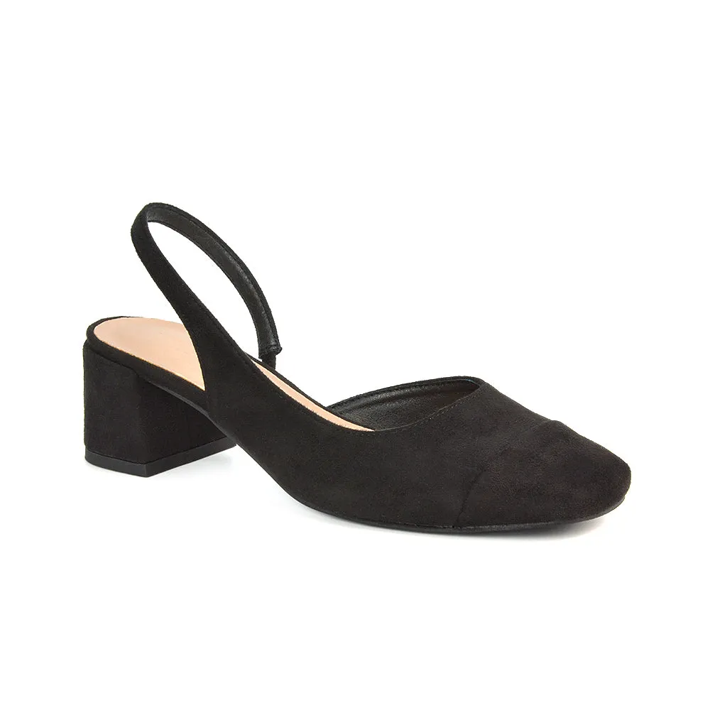Kyla Low Block Heels Square Toe Slingback Court Shoes in Mocha Synthetic Leather