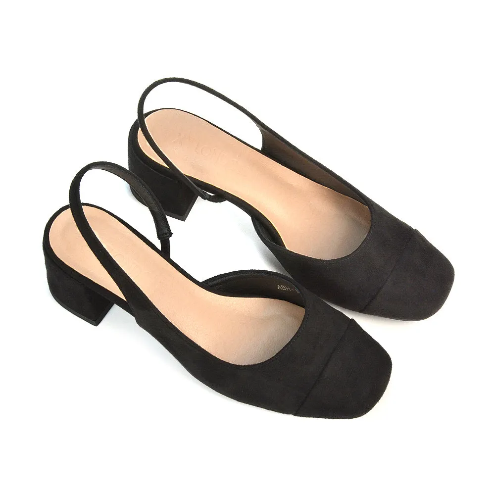 Kyla Low Block Heels Square Toe Slingback Court Shoes in Mocha Synthetic Leather