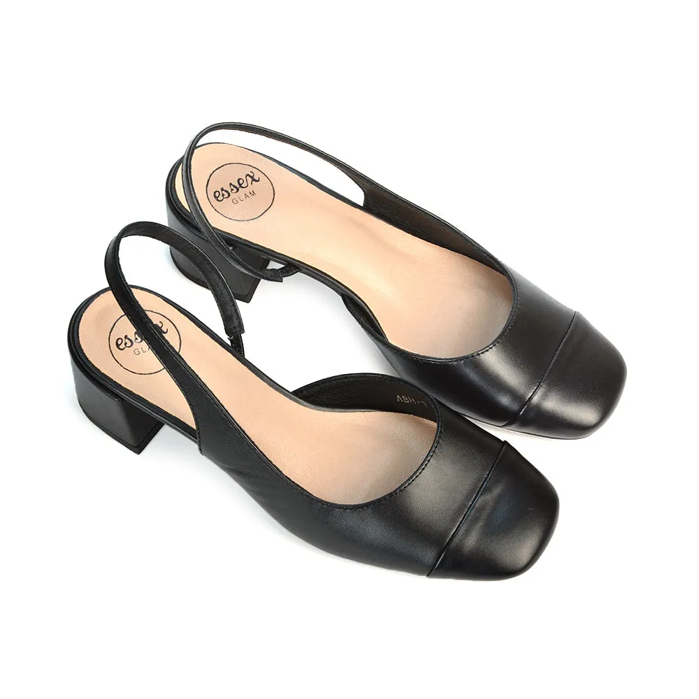 Kyla Low Block Heels Square Toe Slingback Court Shoes in Mocha Synthetic Leather