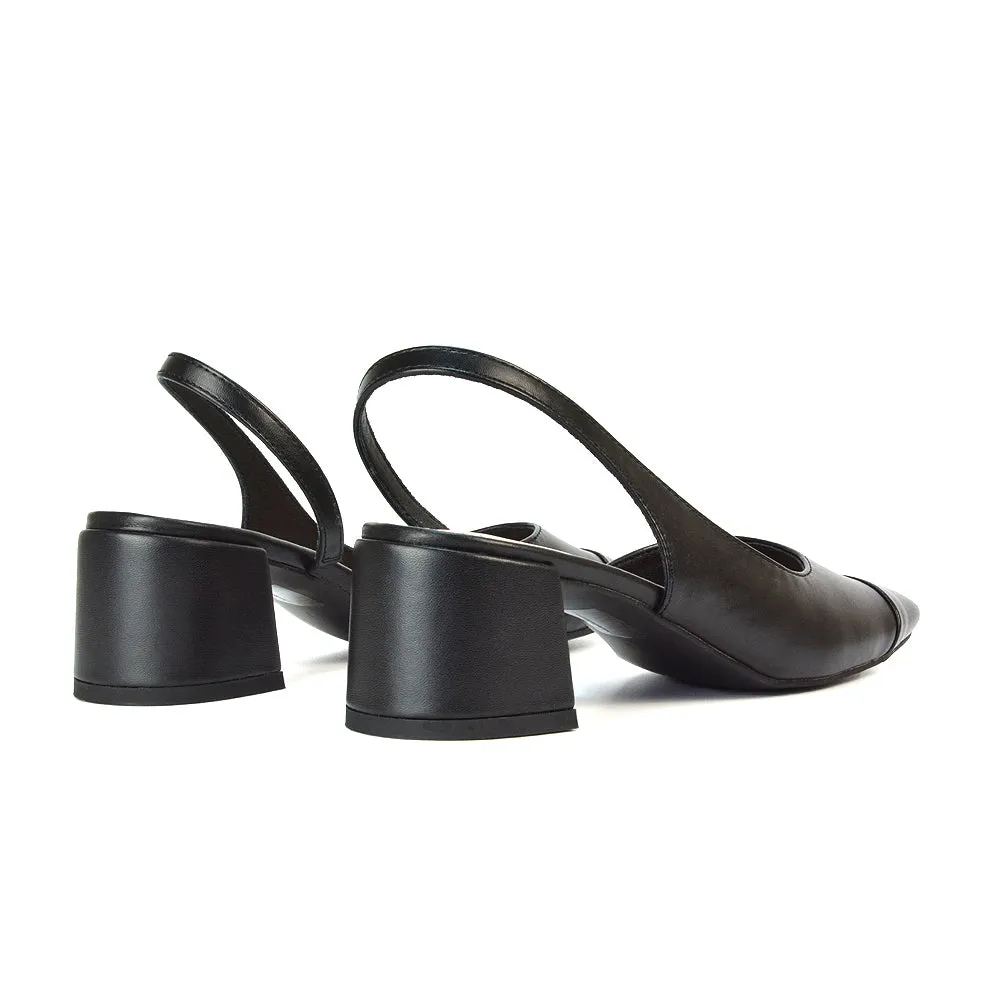 Kyla Low Block Heels Square Toe Slingback Court Shoes in Mocha Synthetic Leather