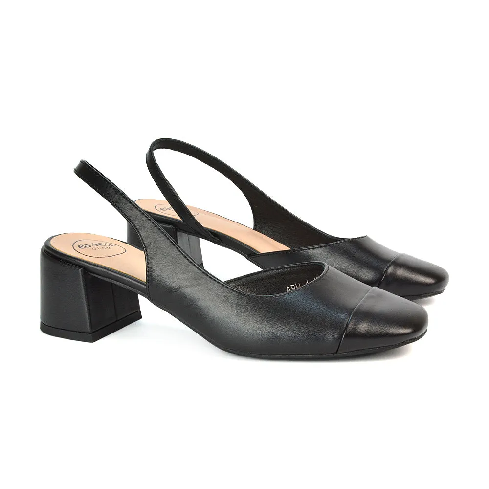 Kyla Low Block Heels Square Toe Slingback Court Shoes in Mocha Synthetic Leather