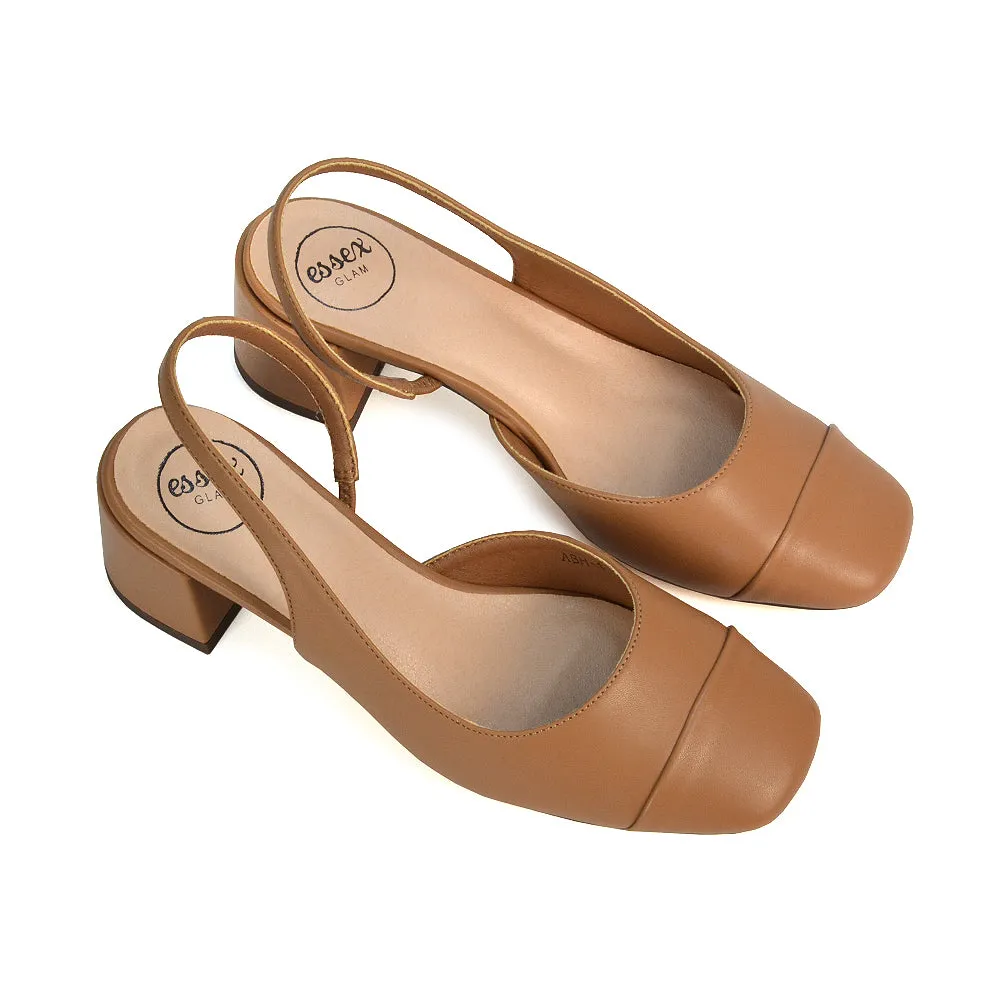 Kyla Low Block Heels Square Toe Slingback Court Shoes in Mocha Synthetic Leather