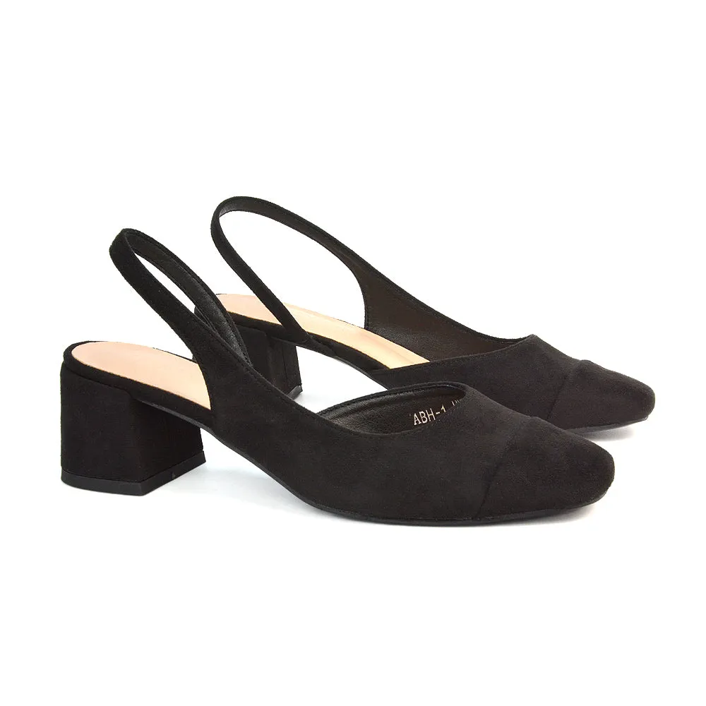 Kyla Low Block Heels Square Toe Slingback Court Shoes in Mocha Synthetic Leather
