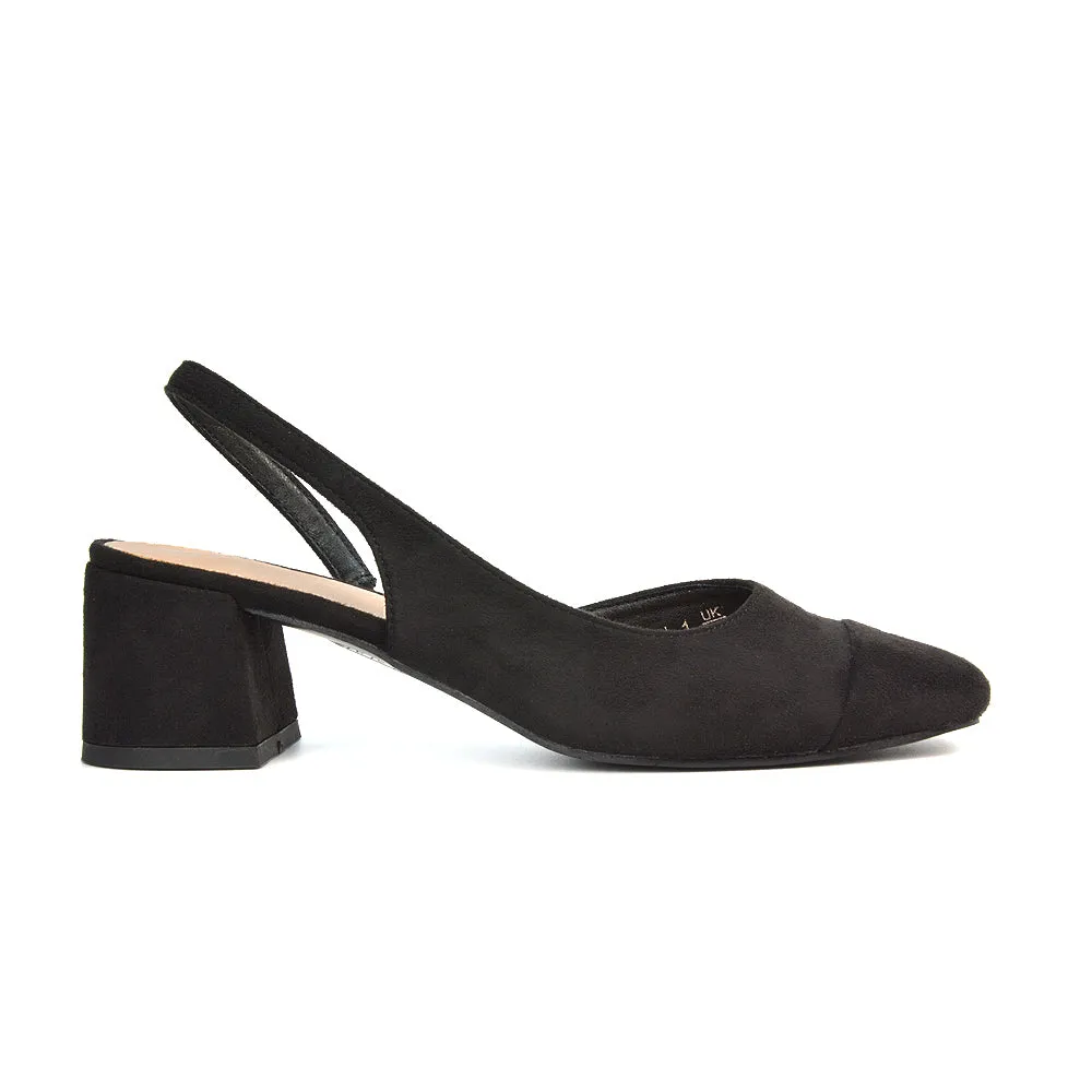 Kyla Low Block Heels Square Toe Slingback Court Shoes in Mocha Synthetic Leather
