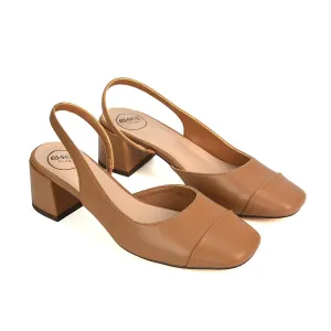 Kyla Low Block Heels Square Toe Slingback Court Shoes in Mocha Synthetic Leather