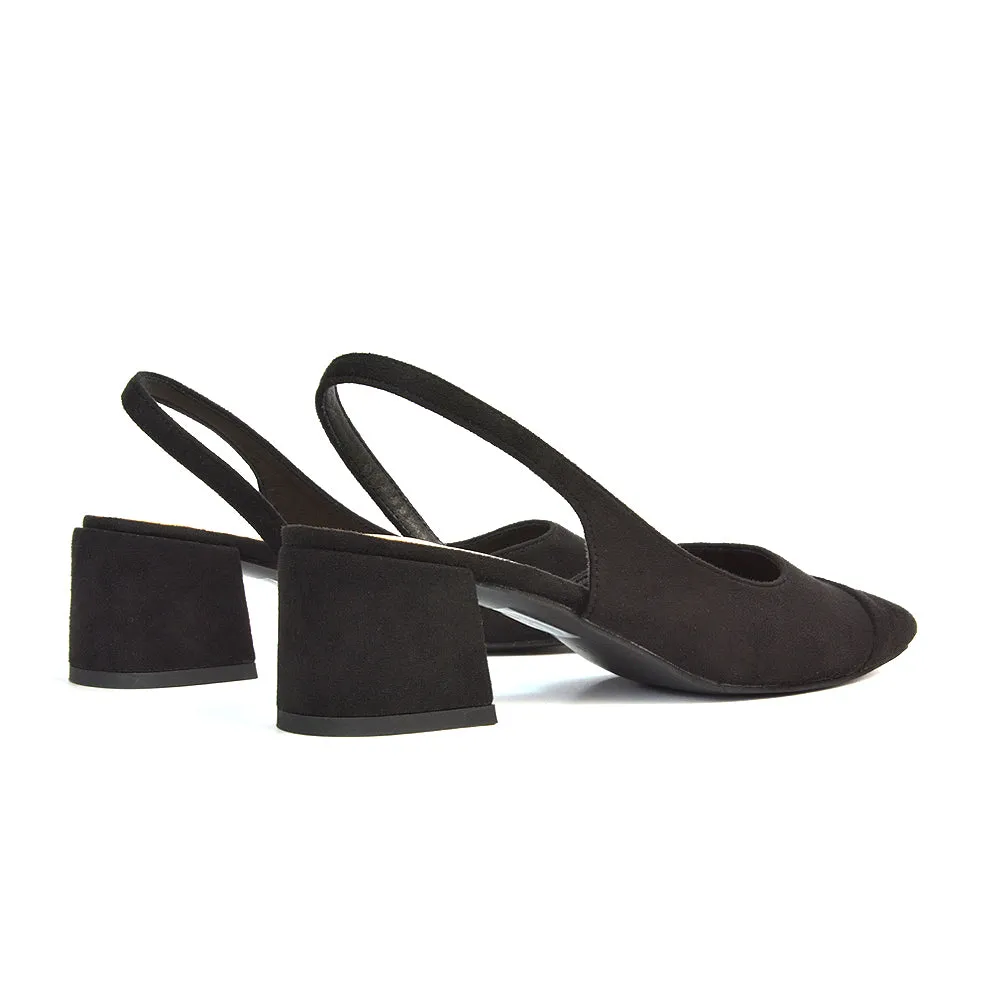 Kyla Low Block Heels Square Toe Slingback Court Shoes in Mocha Synthetic Leather