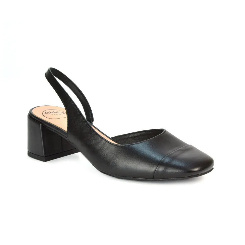 Kyla Low Block Heels Square Toe Slingback Court Shoes in Mocha Synthetic Leather