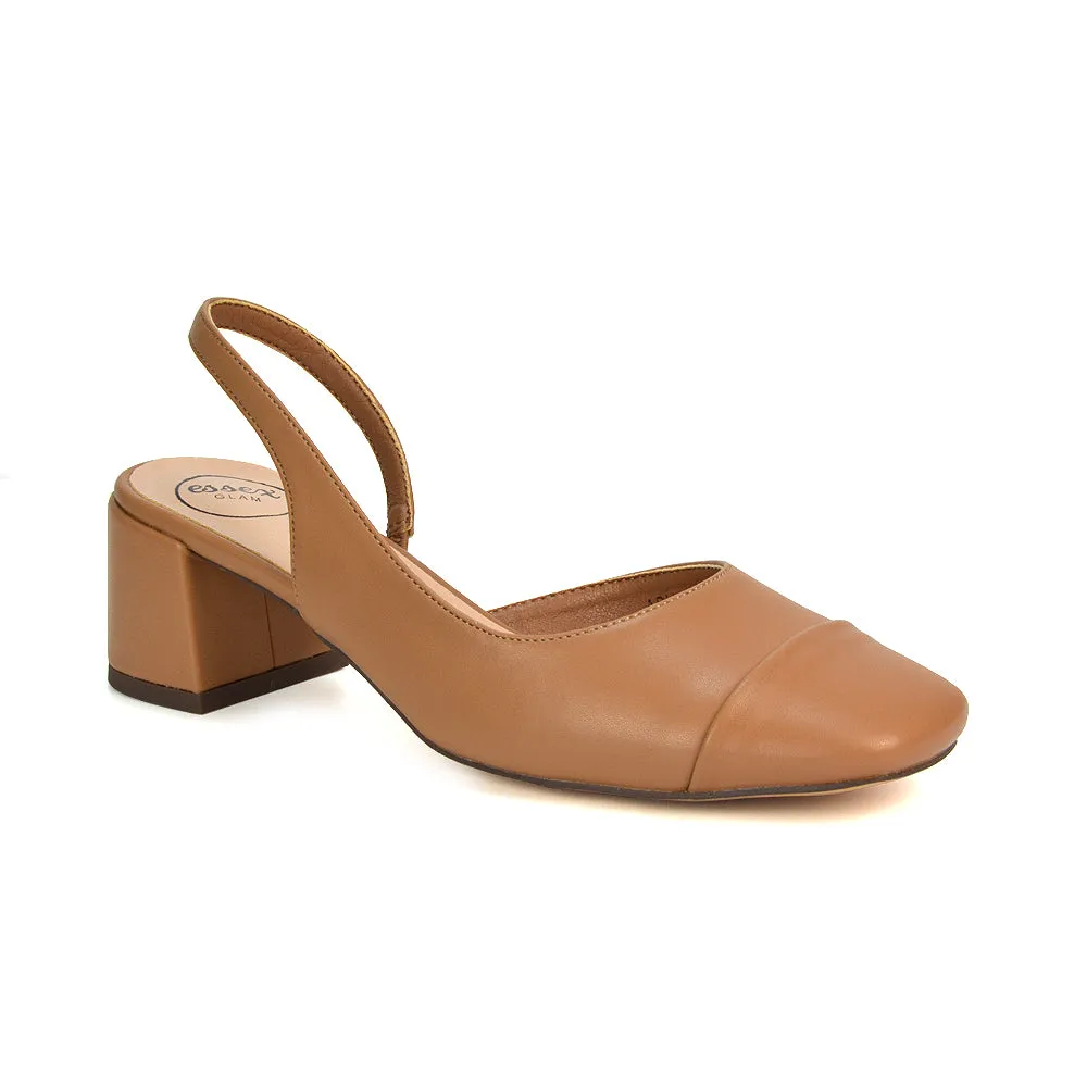 Kyla Low Block Heels Square Toe Slingback Court Shoes in Mocha Synthetic Leather
