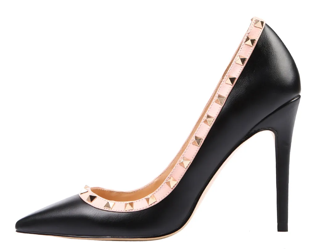Ladies 10cm Black Rivet High Heel Pumps Studded Party Stilettos for Woman