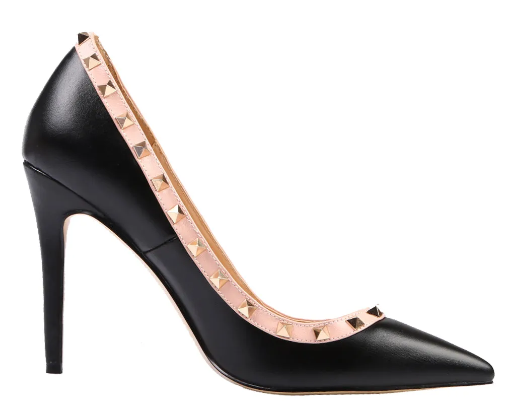 Ladies 10cm Black Rivet High Heel Pumps Studded Party Stilettos for Woman