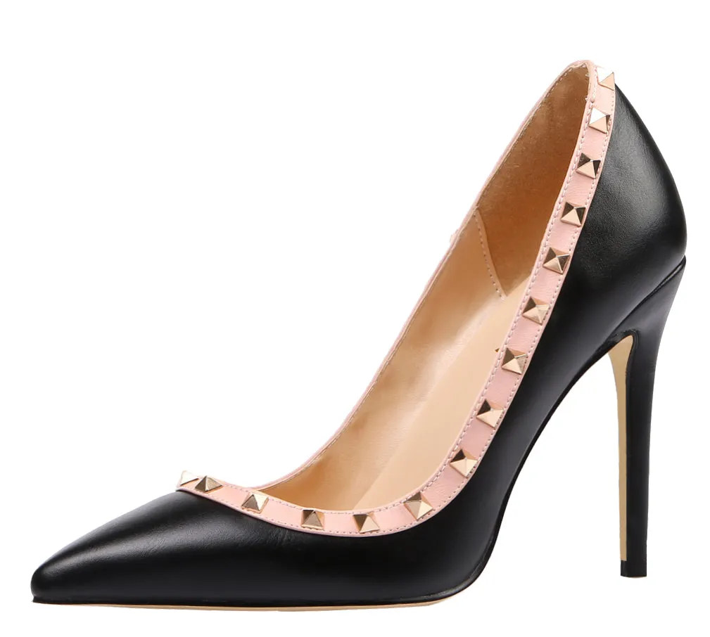 Ladies 10cm Black Rivet High Heel Pumps Studded Party Stilettos for Woman