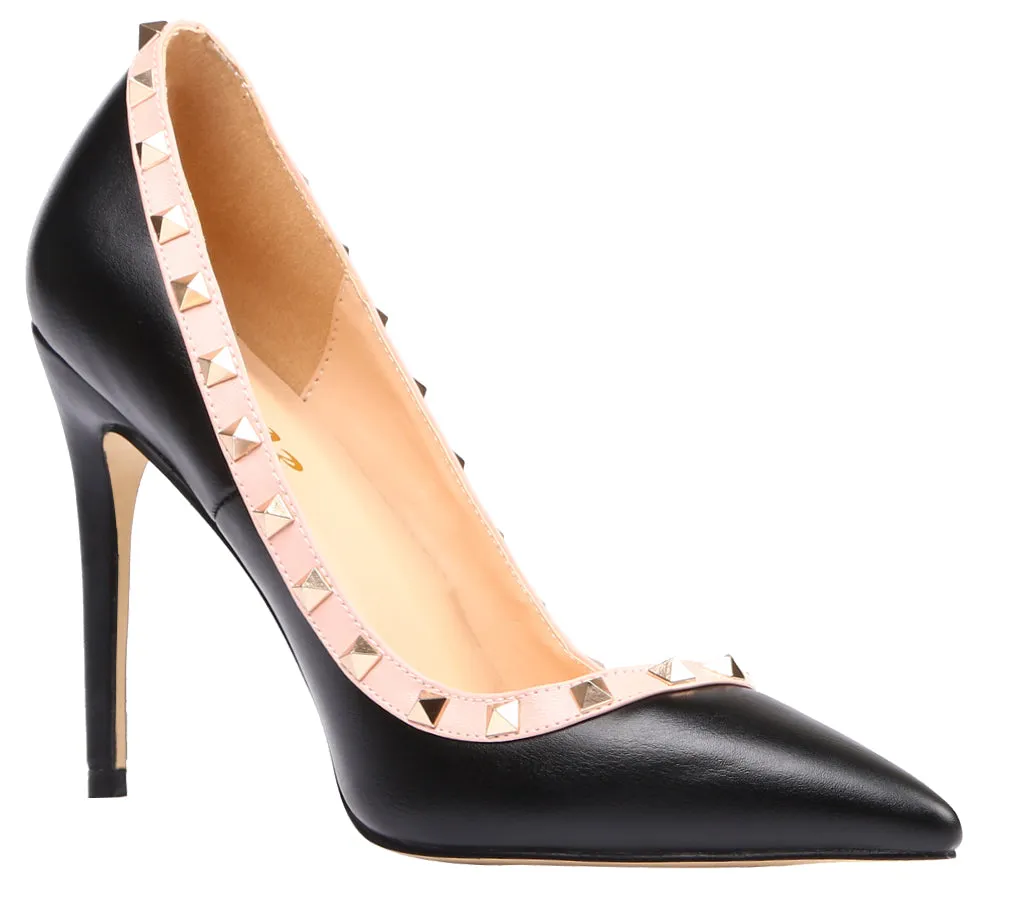 Ladies 10cm Black Rivet High Heel Pumps Studded Party Stilettos for Woman
