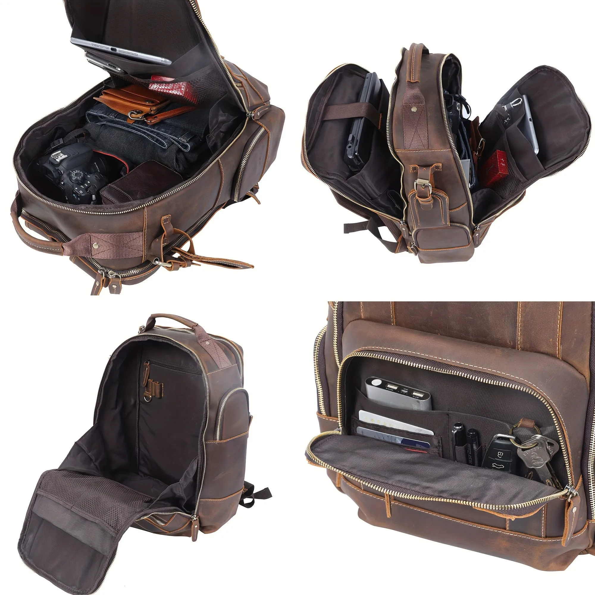 Large Capacity Dark Brown Genuine Leather Backpack - Studded, Multi-Layer Design, Adjustable Strap, Cotton Lining, Ideal for Going Out, School, Valentines Gifts - Classic Vintage Style, Durable, Water-Resistant, Comfortable Travel Bag