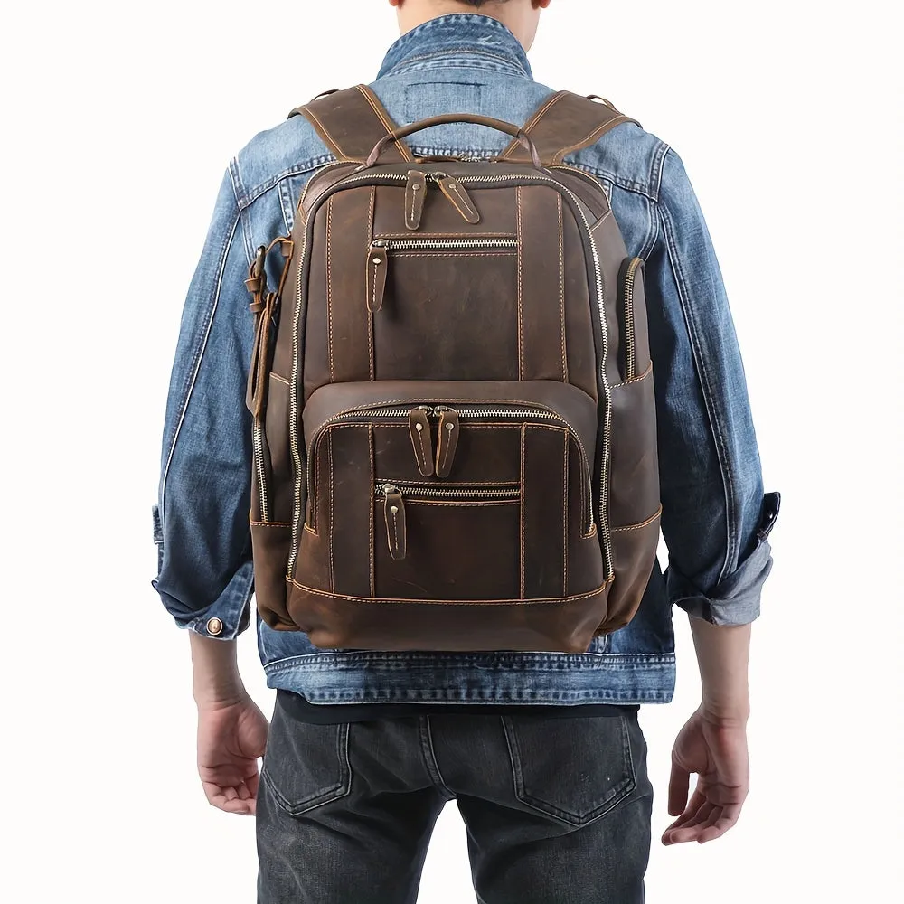 Large Capacity Dark Brown Genuine Leather Backpack - Studded, Multi-Layer Design, Adjustable Strap, Cotton Lining, Ideal for Going Out, School, Valentines Gifts - Classic Vintage Style, Durable, Water-Resistant, Comfortable Travel Bag