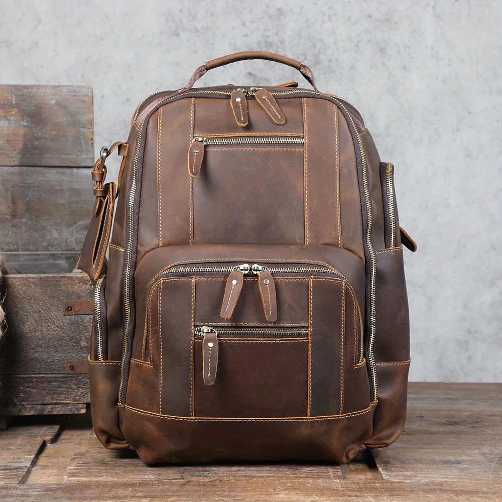 Large Capacity Dark Brown Genuine Leather Backpack - Studded, Multi-Layer Design, Adjustable Strap, Cotton Lining, Ideal for Going Out, School, Valentines Gifts - Classic Vintage Style, Durable, Water-Resistant, Comfortable Travel Bag