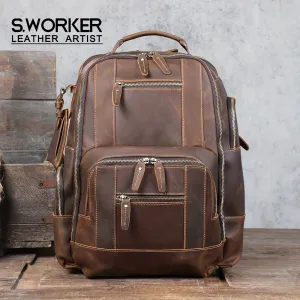 Large Capacity Dark Brown Genuine Leather Backpack - Studded, Multi-Layer Design, Adjustable Strap, Cotton Lining, Ideal for Going Out, School, Valentines Gifts - Classic Vintage Style, Durable, Water-Resistant, Comfortable Travel Bag