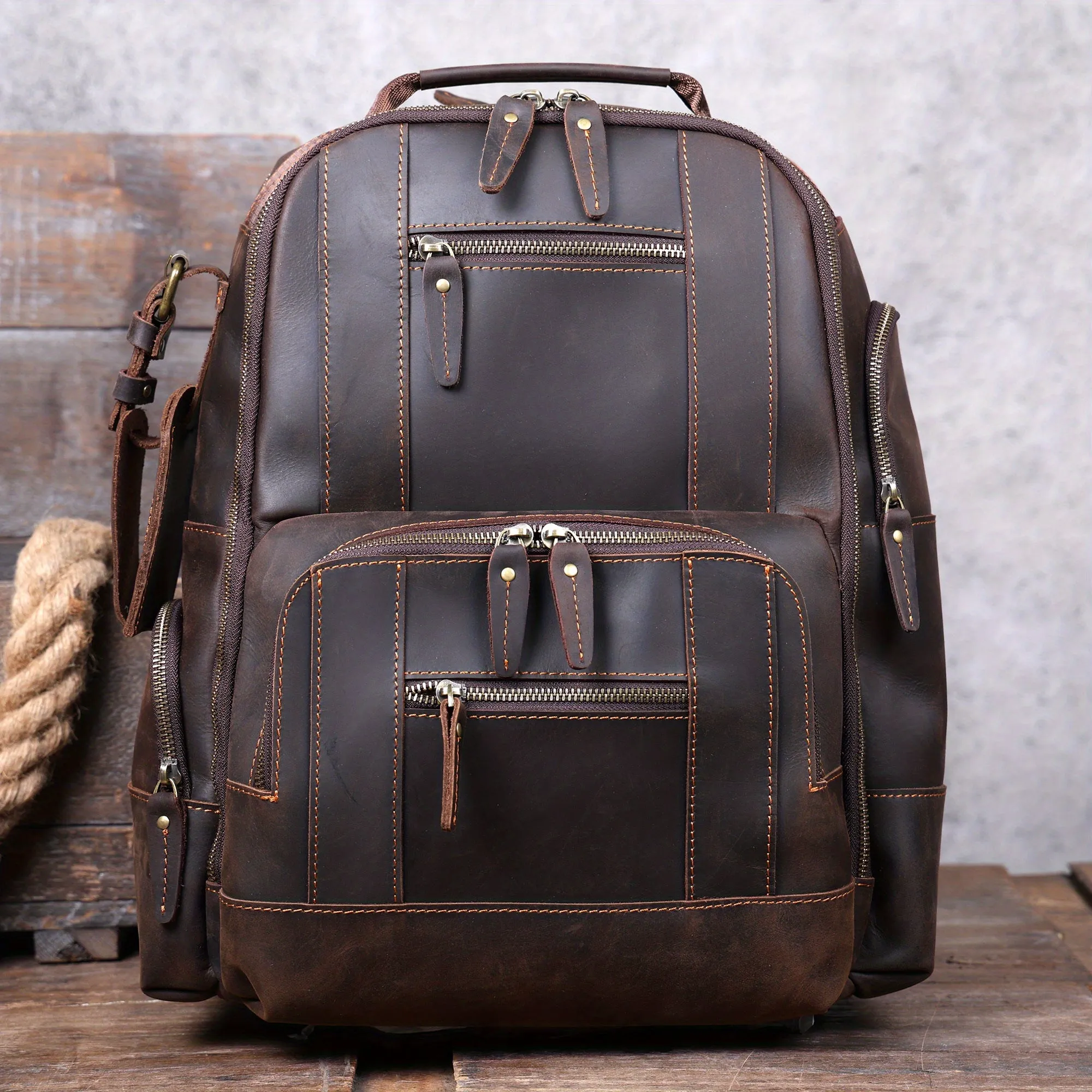 Large Capacity Dark Brown Genuine Leather Backpack - Studded, Multi-Layer Design, Adjustable Strap, Cotton Lining, Ideal for Going Out, School, Valentines Gifts - Classic Vintage Style, Durable, Water-Resistant, Comfortable Travel Bag