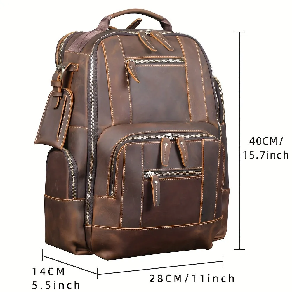 Large Capacity Dark Brown Genuine Leather Backpack - Studded, Multi-Layer Design, Adjustable Strap, Cotton Lining, Ideal for Going Out, School, Valentines Gifts - Classic Vintage Style, Durable, Water-Resistant, Comfortable Travel Bag