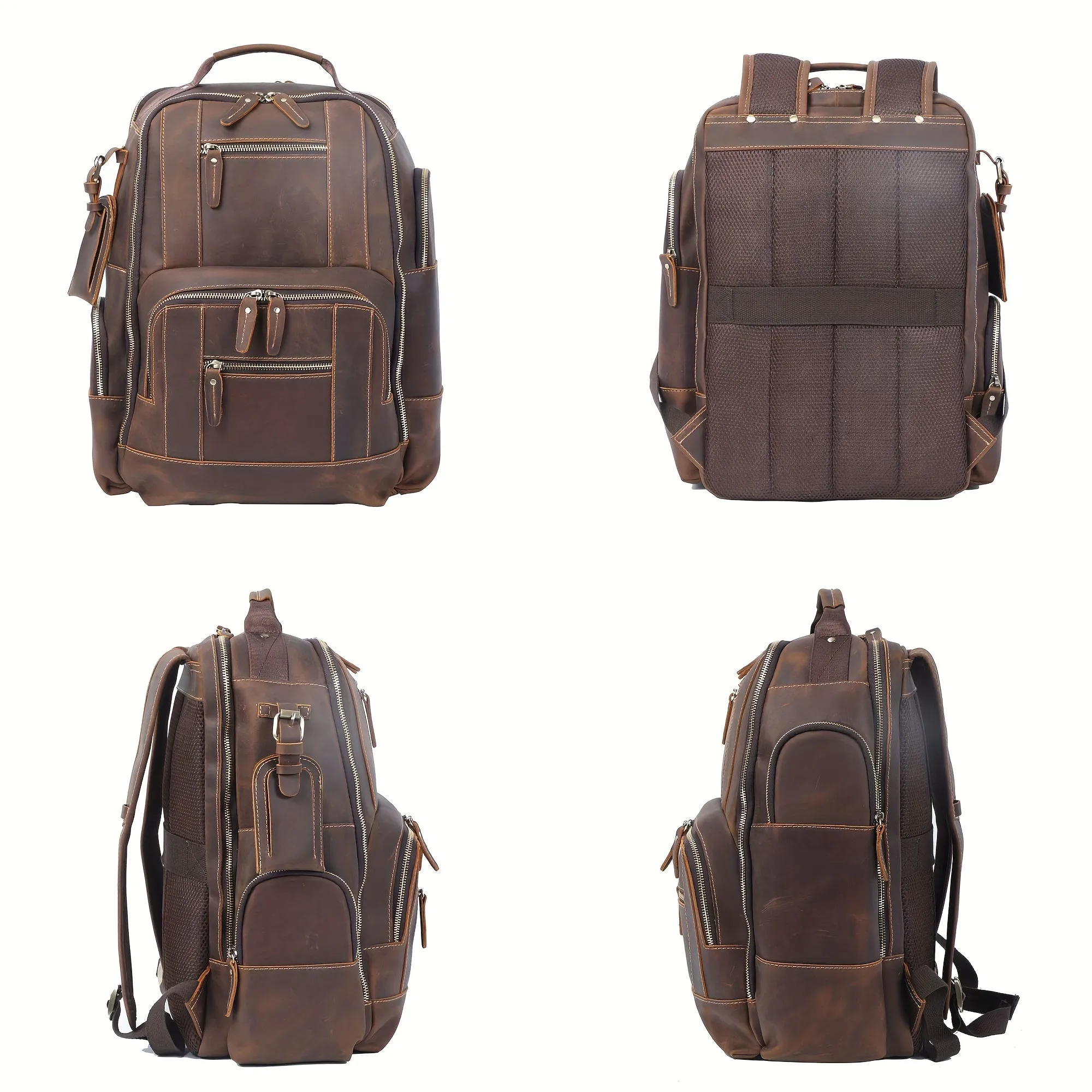 Large Capacity Dark Brown Genuine Leather Backpack - Studded, Multi-Layer Design, Adjustable Strap, Cotton Lining, Ideal for Going Out, School, Valentines Gifts - Classic Vintage Style, Durable, Water-Resistant, Comfortable Travel Bag