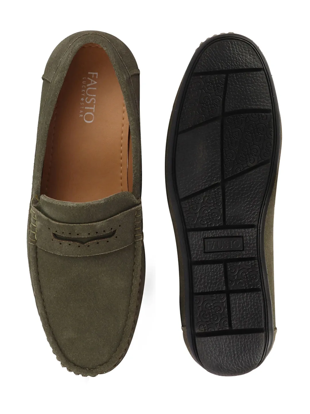 Men Olive Suede Leather Side Stitched Slip On Driving Loafer|Party Loafer|Moccasin For Wedding Party