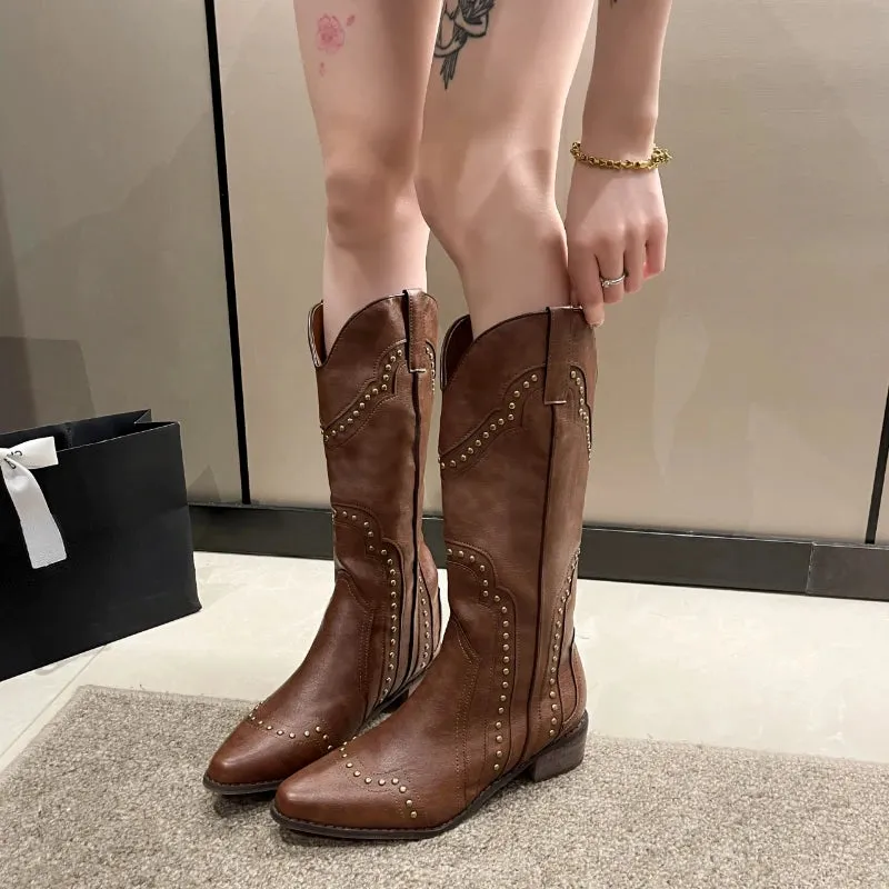 Sohiwoo New Studded Boots Women Low Heel Cowboy Chelsea Western Short Leather Knee High Luxury Designer Gothic New Rock Shoes Vintage