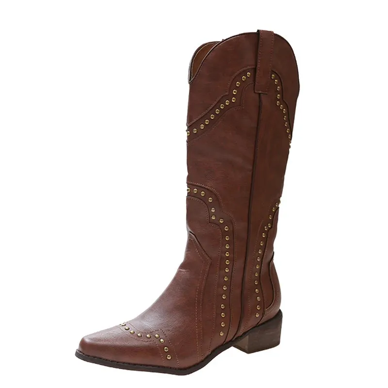 Sohiwoo New Studded Boots Women Low Heel Cowboy Chelsea Western Short Leather Knee High Luxury Designer Gothic New Rock Shoes Vintage