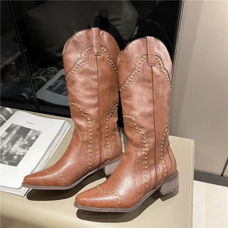 Sohiwoo New Studded Boots Women Low Heel Cowboy Chelsea Western Short Leather Knee High Luxury Designer Gothic New Rock Shoes Vintage