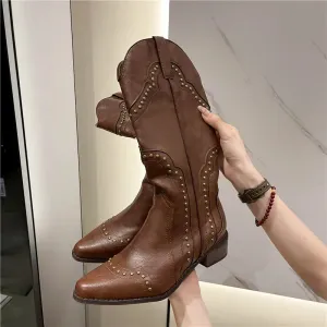 Sohiwoo New Studded Boots Women Low Heel Cowboy Chelsea Western Short Leather Knee High Luxury Designer Gothic New Rock Shoes Vintage