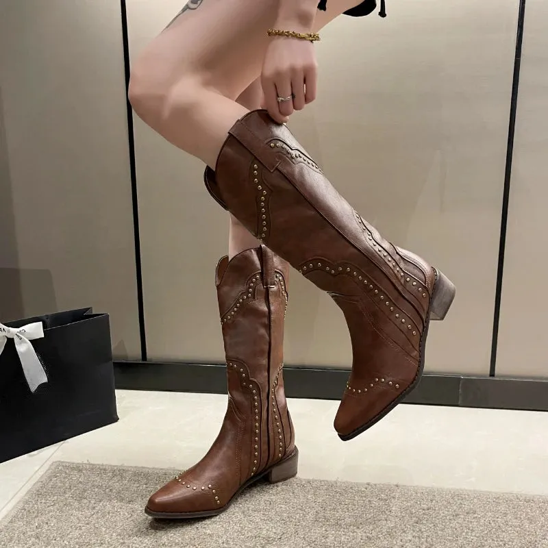 Sohiwoo New Studded Boots Women Low Heel Cowboy Chelsea Western Short Leather Knee High Luxury Designer Gothic New Rock Shoes Vintage