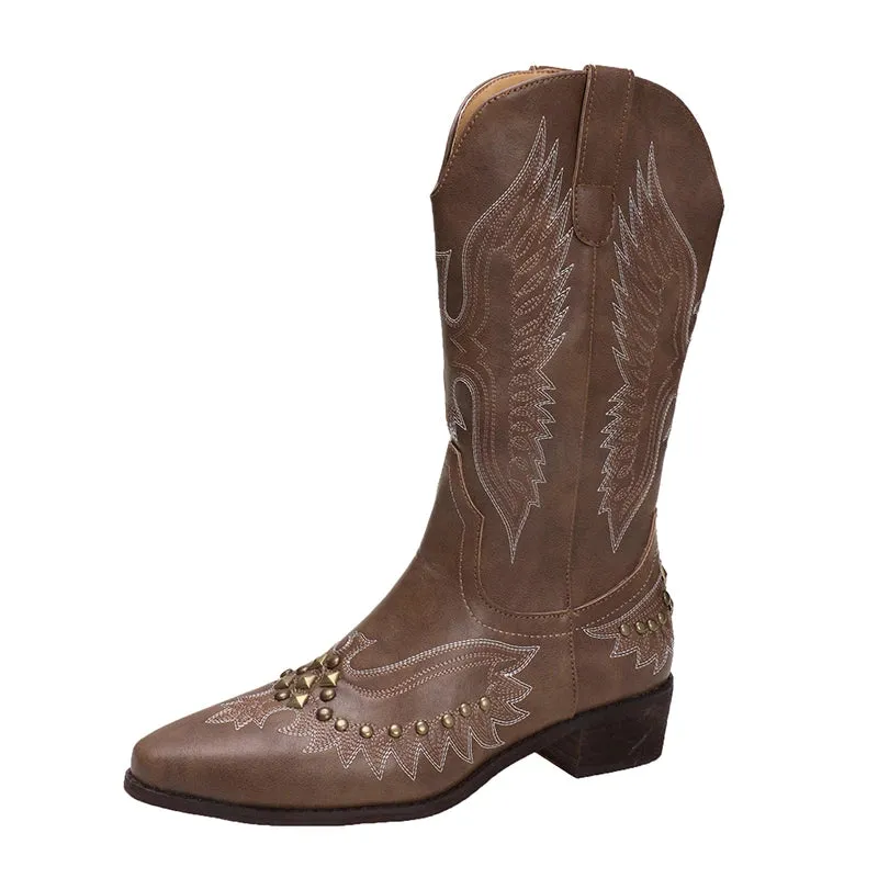 Sohiwoo Riveted Decor Low Heels Western Boots Women Autumn Pointed Toe Mid Calf Cowgirl Boots Woman Thick Heeled Cowboy Botas Mujer