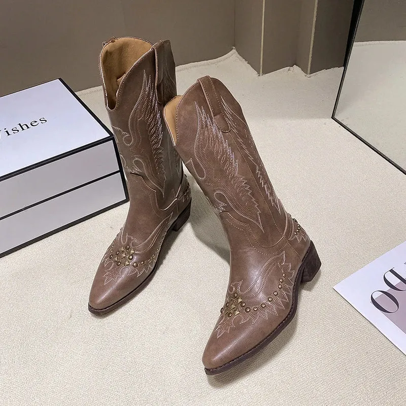 Sohiwoo Riveted Decor Low Heels Western Boots Women Autumn Pointed Toe Mid Calf Cowgirl Boots Woman Thick Heeled Cowboy Botas Mujer