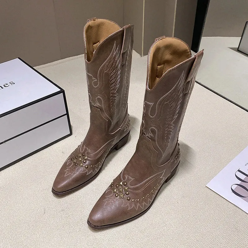 Sohiwoo Riveted Decor Low Heels Western Boots Women Autumn Pointed Toe Mid Calf Cowgirl Boots Woman Thick Heeled Cowboy Botas Mujer