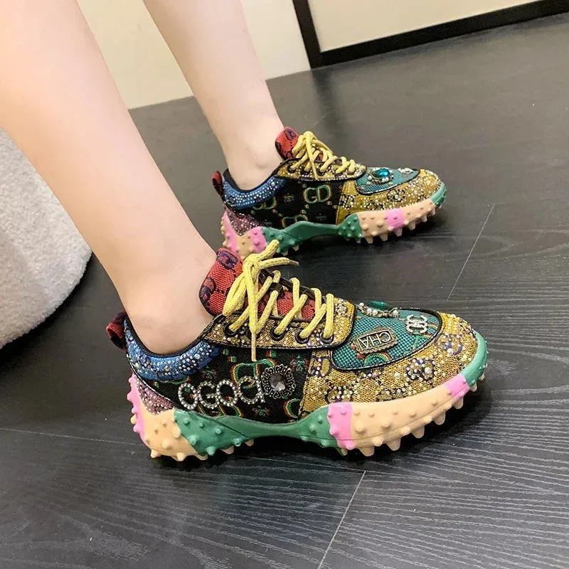 Sohiwoo Spring Autumn New Explosive Rhinestones Shoes Women's Trendy Diamond-studded Vulcanized Shoes Thick Sole Female Sneakers