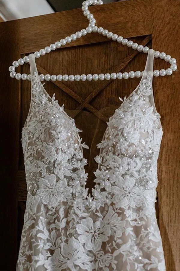 Spaghetti Strap Jewel Mermaid Wedding Dress with V-Neck Lace