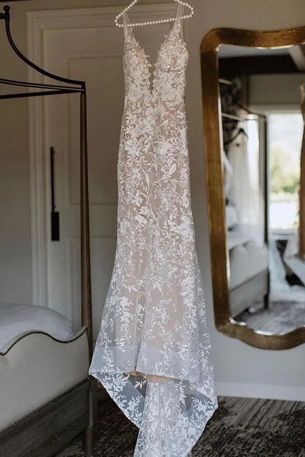 Spaghetti Strap Jewel Mermaid Wedding Dress with V-Neck Lace