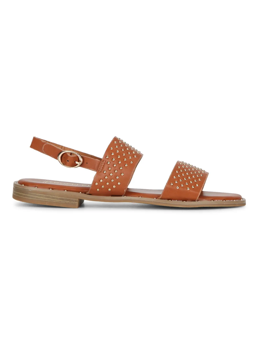 Tan PU Studded Ankle Strap Flat Sandals