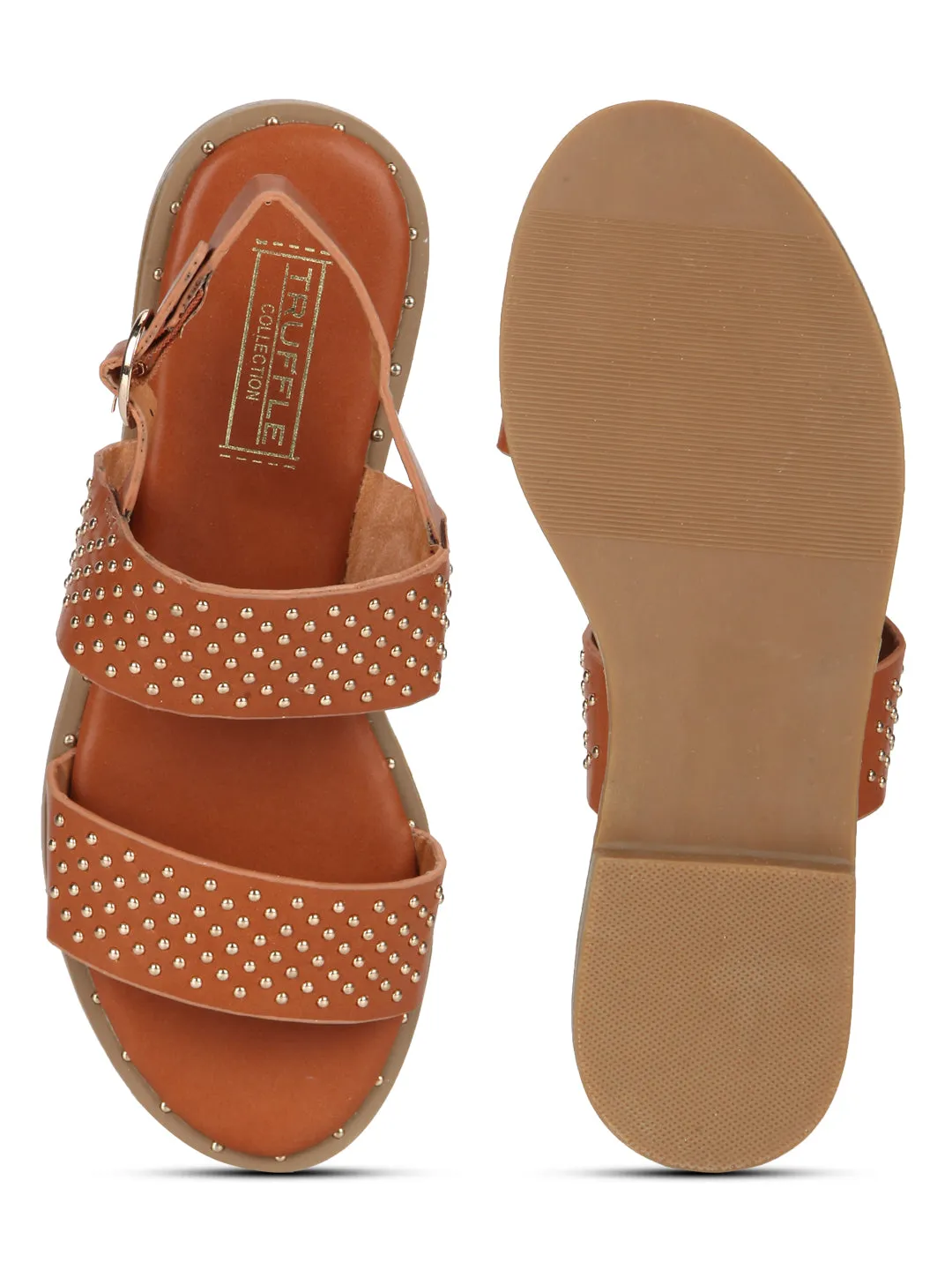Tan PU Studded Ankle Strap Flat Sandals
