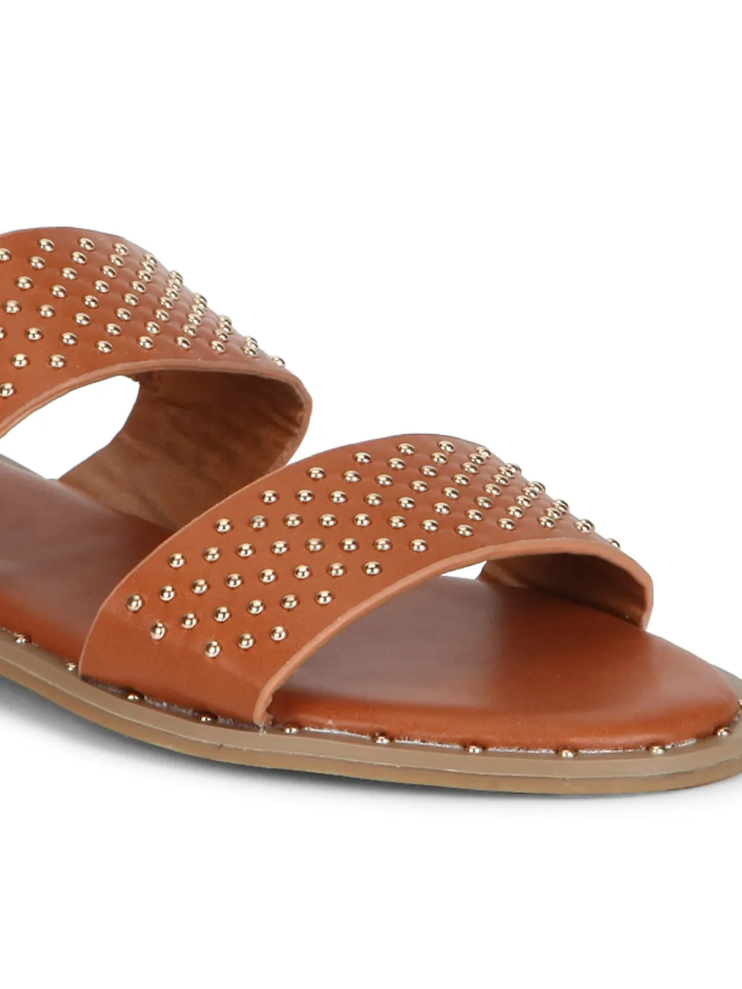 Tan PU Studded Ankle Strap Flat Sandals